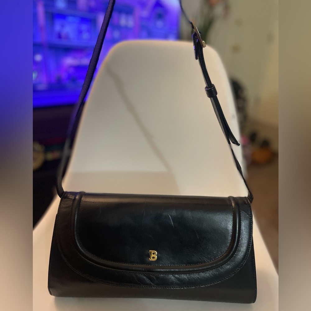 Vintage Bally Black Leather Shoulder Bag Clutch Gold B Made in Italy